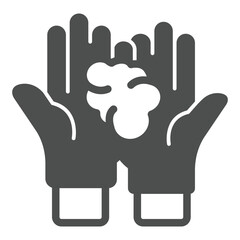 Hands with work gloves solid icon, pottery making concept. Vector graphics. Raw clay in hands, molding sign on white background, glyph style icon for mobile or web design.