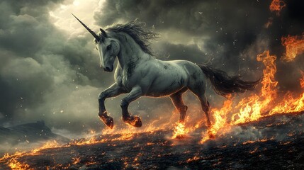 Unicorn in Blaze: A majestic unicorn, a symbol of purity, gallops through a fiery landscape, its silhouette sharply contrasted against the dramatic backdrop.