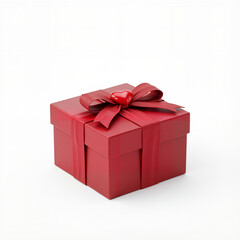 Obraz premium Red gift box with heart-shaped bow on white background 