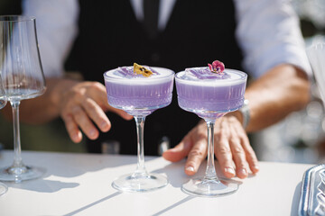 A skilled bartender is busily preparing two vibrant purple cocktails that are elegantly displayed...