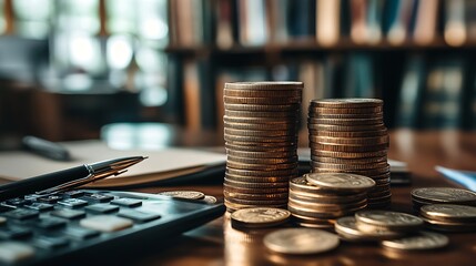 Coins and Calculator on Financial Document, A stack of coins next to a pen and calculator on a financial document