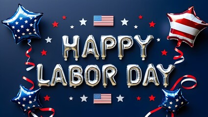 A dark blue background decorated with a subtle pattern of stars. Centered, bold metallic silver text reads 'HAPPY LABOR DAY' with small red, white, and blue stars around it.