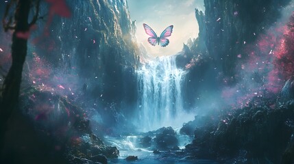 Enchanted Waterfall Oasis: A vibrant butterfly dances before a majestic waterfall, surrounded by blossoming flowers and towering cliffs, creating a scene of ethereal beauty.