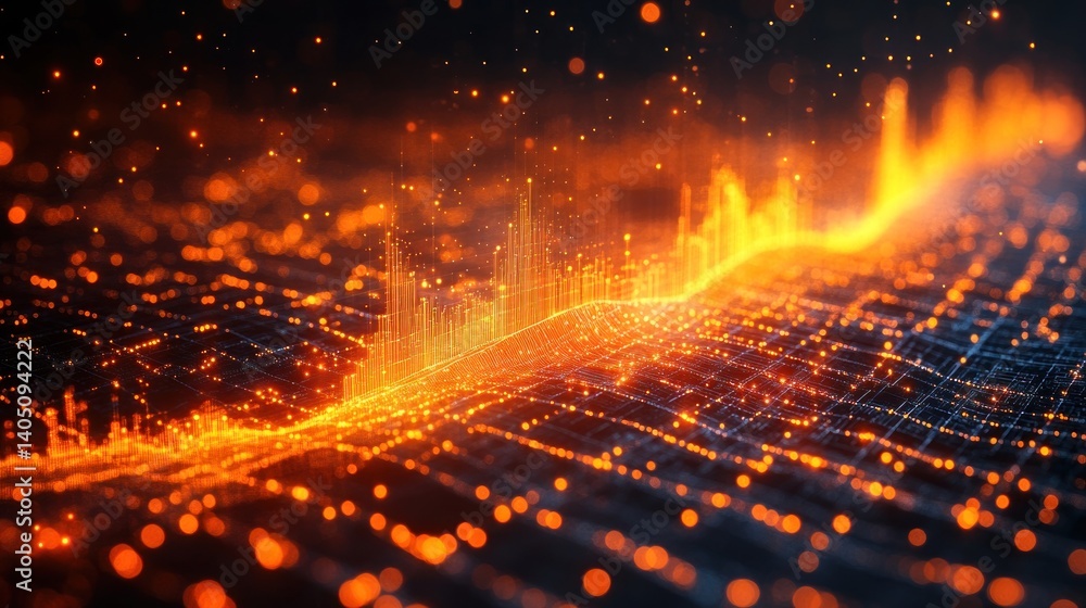 Poster fiery digital landscape: abstract visualization of data flow and network