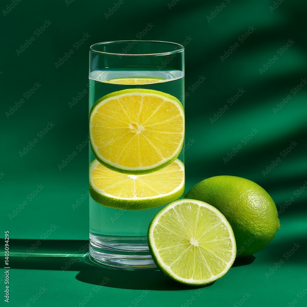 Poster transparent glass with stacked lemon and lime slices inside clear water on bold green backdrop creat