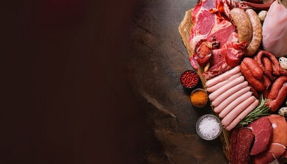 Assorted meats display with sausages and spices on dark rustic table