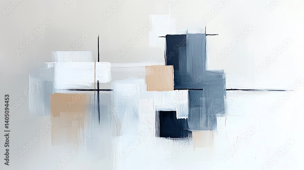 Poster Abstract Linear shapes, neutral palette. Beige, blues and whites form geometric composition on a hazy background