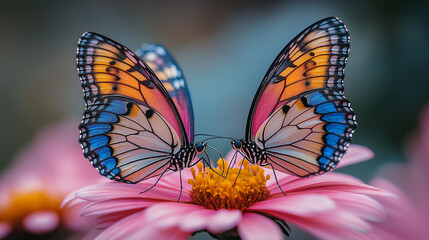 Monarchs' Embrace: Two vibrant monarch butterflies delicately poised on a pink flower, sharing a tender moment, their colorful wings a testament to the beauty and fragility of nature.
