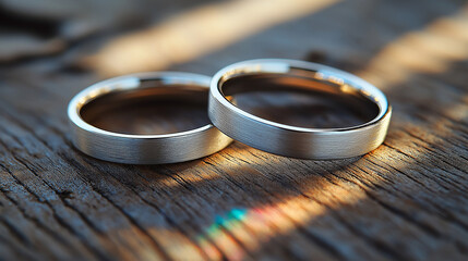Eternal Bonds: Two elegant wedding rings rest on a rustic wooden surface, bathed in natural light, symbolizing a timeless promise of love, commitment, and an unbreakable partnership.