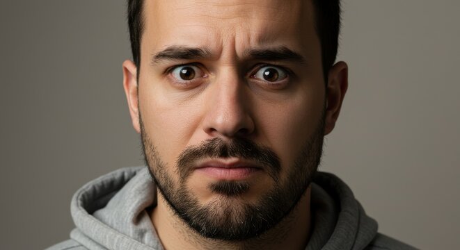 Close-up portrait of a concerned man with intense expression against neutral backdrop