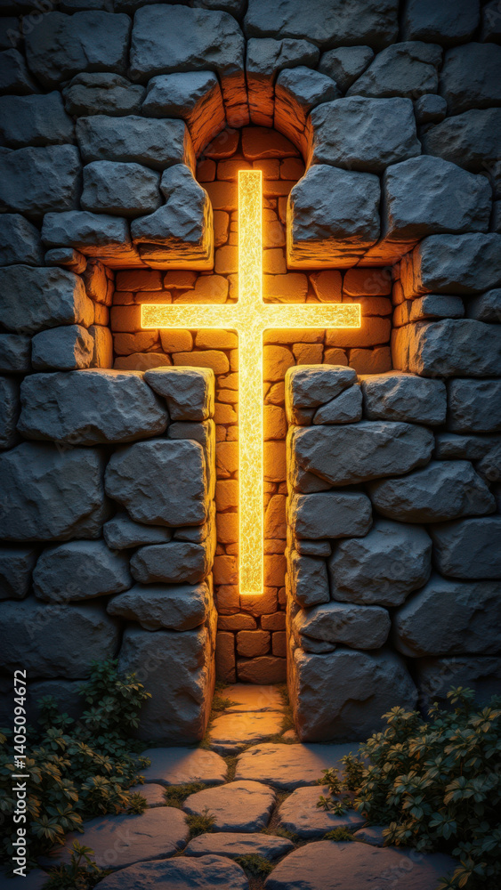 Poster a dramatic scene featuring a large illuminated cross embedded within a stone wall, symbolizing chris