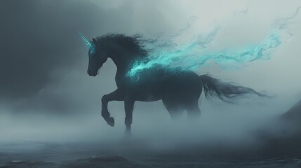 Obraz premium Mystical Spirit Horse: A majestic spirit horse emerges from a veil of mist and ethereal energy, a captivating portrayal of magical realism.