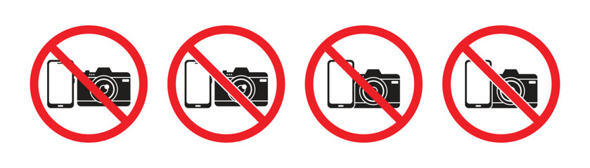 Vector icon prohibited from taking photo with mobile phone and camera. Warning, alert and information symbol icon for the general public. Vector illustration