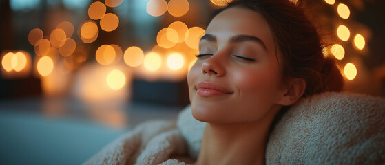 Serene Solitude: A woman finds peace and relaxation in a softly lit space, enveloped by warmth and tranquility. Capturing a moment of pure serenity and inner peace.