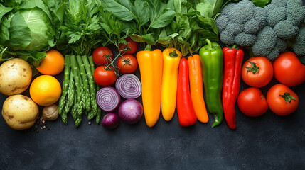 Colorful Fresh Vegetables: A vibrant assortment of fresh, healthy vegetables arranged in a visually appealing and appetizing display. Representing fresh food, healthy eating and balanced nutrition.