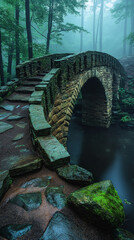 Stone Bridge in Lush Forest: A captivating stone bridge arches gracefully over tranquil waters, enveloped by a verdant forest shrouded in a mystical mist.