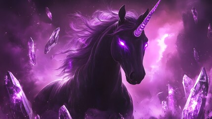 Dark Unicorn in Purple Galaxy: A majestic dark unicorn with glowing purple eyes and horn strides majestically through a vibrant purple galaxy, surrounded by sparkling purple crystals.