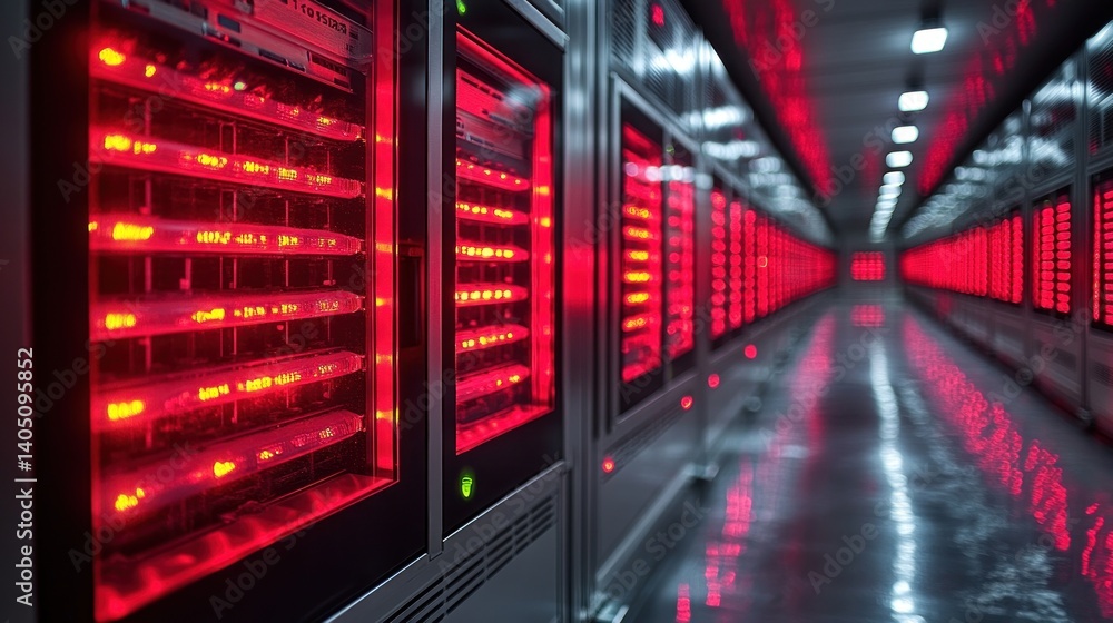Poster illuminated data center corridor: a glimpse into the heart of digital infrastructure