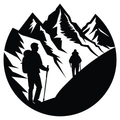 Hiking Adventure Logo: Silhouette of Hikers Trekking Through Snowy Mountains, Outdoor Exploration Vector Graphic