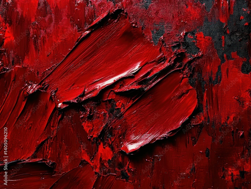 Poster intense ruby hues in impasto painting displaying textural depth and vibrant strokes
