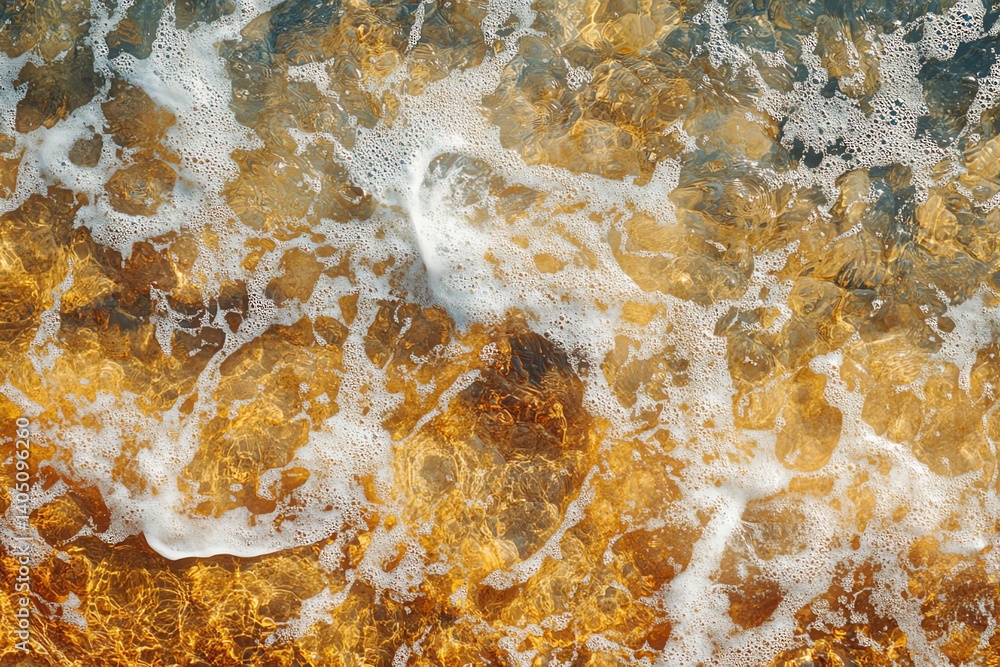 Poster closeup of golden water with white foam creating a textured background. perfect for website banners 