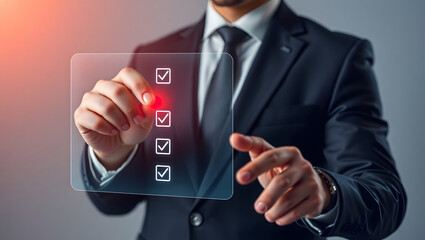 Businessman Using Digital Checklist for Efficient Task Management
