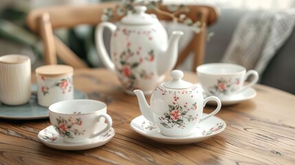 Vintage porcelain tea set on wooden table