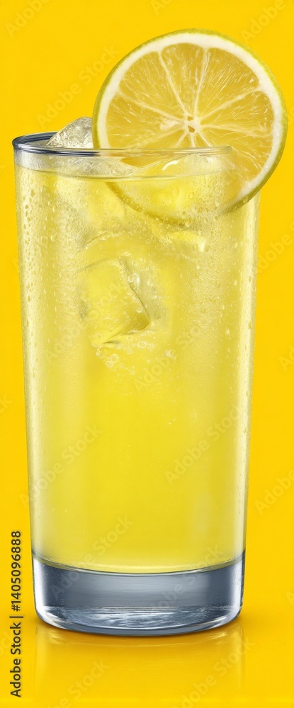Poster yellow sparkling drink with lemon slice floating in transparent glass standing on white background w