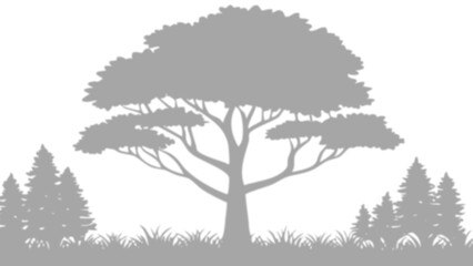 Silhouettes d'arbres gris en PNG transparent : grand arbre feuillu central et conifères, paysage naturel pour design et superposition