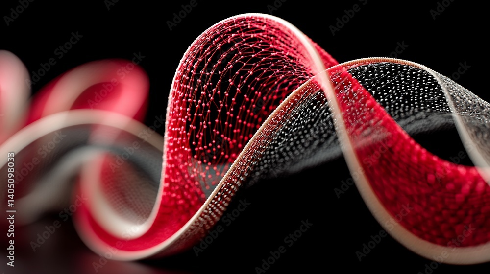 Poster Abstract red and grey flowing particle wave on black background