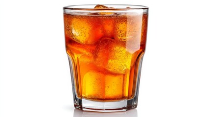 Clear glass of cola with ice cubes over warm wooden surface emphasizing chill carbonation and drink realism for stock beverage photography