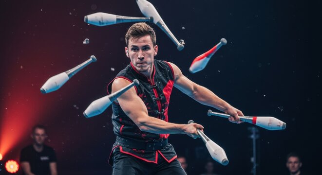 Juggler performing at a vibrant stage with dynamic lighting and audience