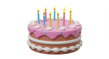 Celebration Cake with Candles and Pink Frosting on White