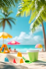 Fototapeta premium Beach Day Bliss: Embrace the spirit of summer with this vibrant scene of a pristine beach, where colorful beach toys rest in the soft sand, inviting you to soak up the sun, surf.