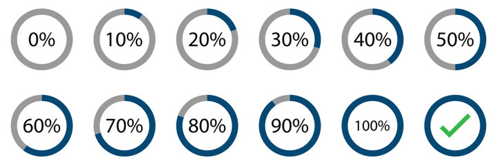 Circle loading or circle progress collection. Set of circle percentage diagrams for infographics 0,10, 20, 30, 40, 50, 60, 70, 80, 90, 100 percent in black and of Vector.