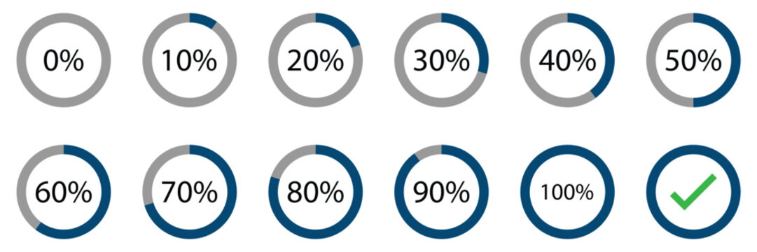 Circle loading or circle progress collection. Set of circle percentage diagrams for infographics 0,10, 20, 30, 40, 50, 60, 70, 80, 90, 100 percent in black and of Vector.