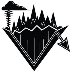 Black and White Graphic Art: Mountain Range, Lightning Storm, Downward Arrow - Stock Market Crash, Economic Downturn Illustration
