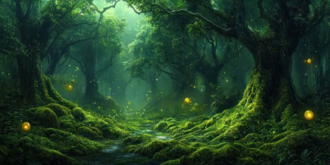 Fototapeta premium Enchanted Forest Path: A Mysterious Journey Through Mossy Green Woodlands