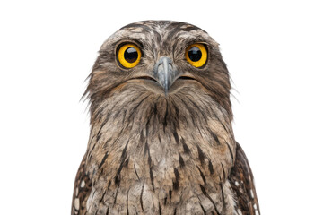 Naklejka premium Majestic owl with striking yellow eyes perched in natural habitat, showcasing its unique features and beauty