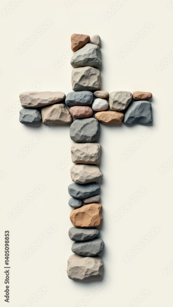 Poster christian cross made from rocks on a beige background with a horizontal striped pattern.