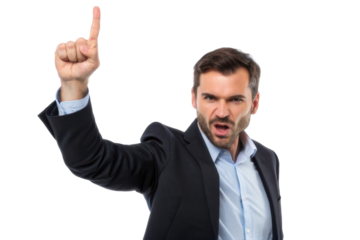 Expressing anger and frustration in a business setting while pointing a raised finger for emphasis and attention