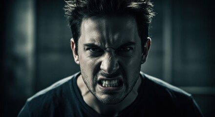Fototapeta premium Intense close-up of a man expressing raw anger in a dimly lit setting