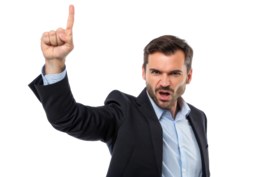 Expressing anger and frustration in a business setting while pointing a raised finger for emphasis and attention