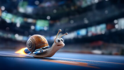 3D-Rendering einer Rennschnecke mit Flammeneffekt auf einer Rennstrecke mit unscharfem Hintergrund
