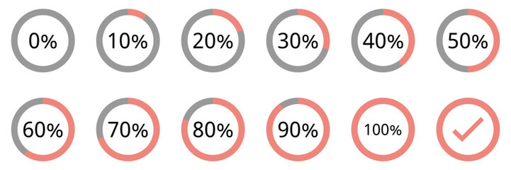 Circle loading or circle progress collection. Set of circle percentage diagrams for infographics 0,10, 20, 30, 40, 50, 60, 70, 80, 90, 100 percent in black and of Vector.