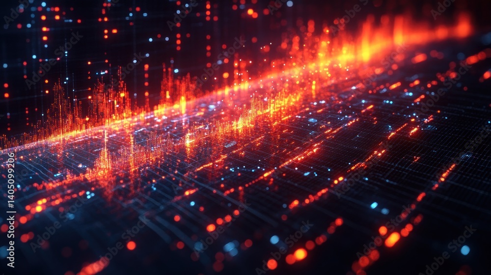 Poster abstract digital data stream: fiery red and blue network visualization