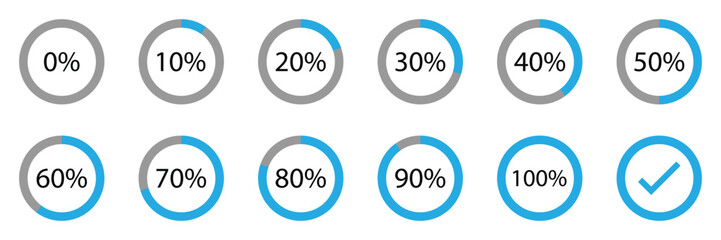 Circle loading or circle progress collection. Set of circle percentage diagrams for infographics 0,10, 20, 30, 40, 50, 60, 70, 80, 90, 100 percent in black and of Vector.
