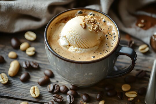 Coffee Delight: A tantalizing view of a cup of coffee adorned with a scoop of ice cream, surrounded by scattered coffee beans, showcasing the rich aroma and inviting allure of this decadent treat.