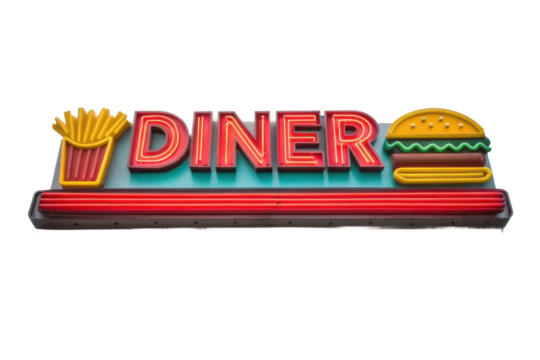 Classic diner sign featuring colorful neon lights and iconic fast food imagery for retro-themed design projects - Powered by Adobe