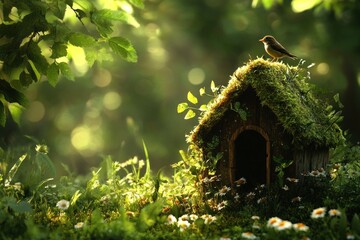 A tiny bird rests atop a mossy house in a sunlit garden
